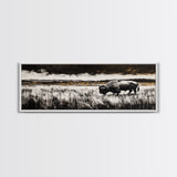 Bison painting, rustic art, black and white wall art, moody art, western decor, panoramic painting, extra wide art, framed canvas print