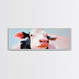 Cow painting, farmhouse art, rustic decor, barn landscape oil painting, extra wide art, framed canvas print, whimsical art, light pink wall art