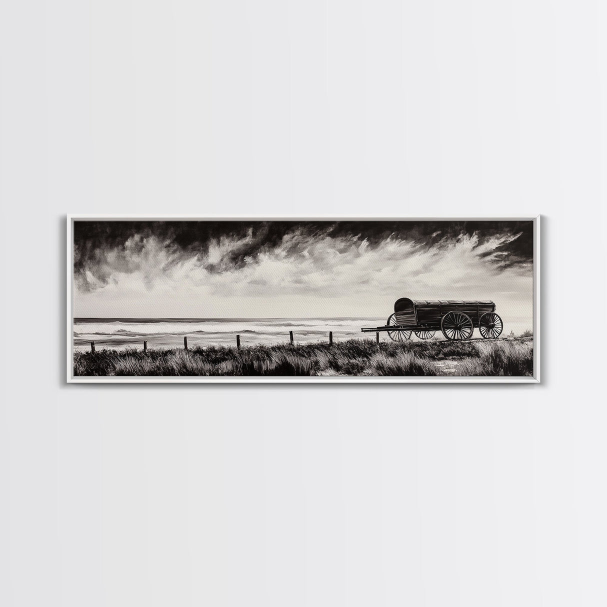 Stormy Wagon, black and white art, moody western painting, rustic decor, farmhouse wall art, extra wide panoramic art, framed canvas print.