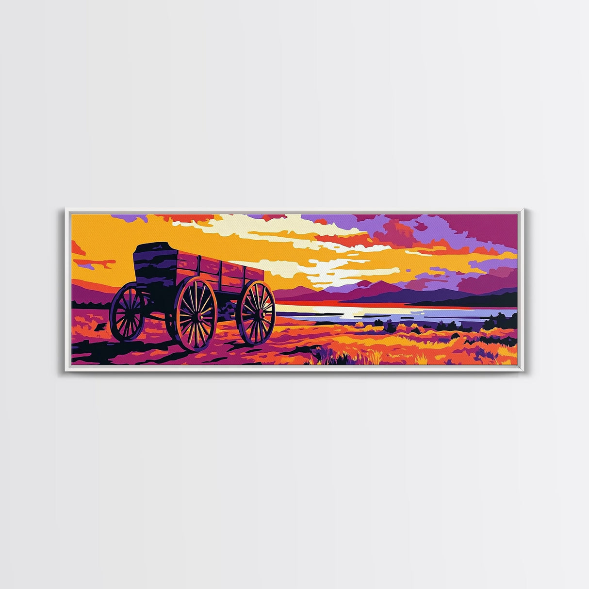 Seaside Wagon, nautical painting, coastal wall art, rustic beach decor, farmhouse art, extra wide panoramic art, framed canvas print