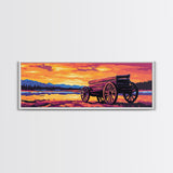 Sunset Wagon Painting, southwest wall art, boho art, Joshua tree art, rustic decor, warm tones, framed canvas print, extra wide art