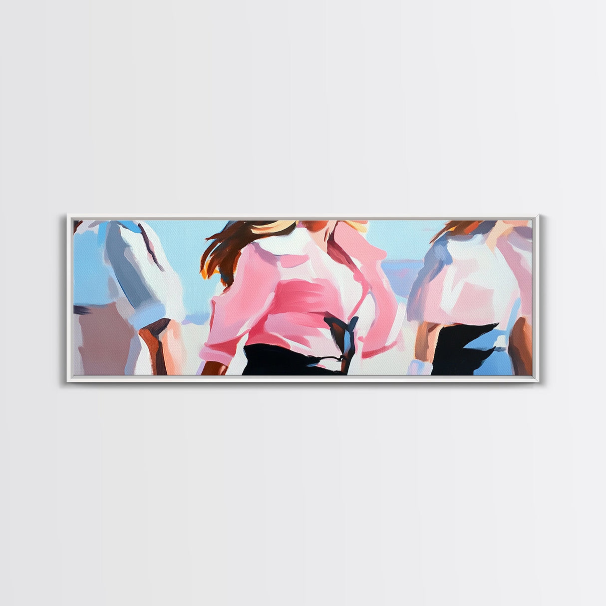 Cowgirl Trio, western art, black cowgirl painting, pink abstract art, extra wide art, light pink wall art, framed canvas print