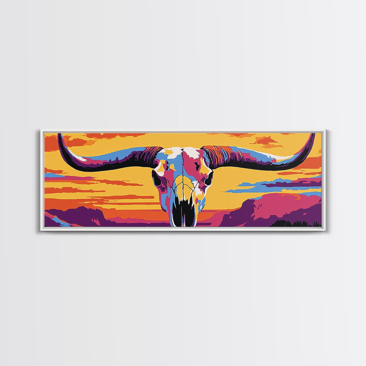 Longhorn Skull, southwest wall art, bull and bear art, pink orange wall art, extra wide art, Framed Canvas Print, rustic decor