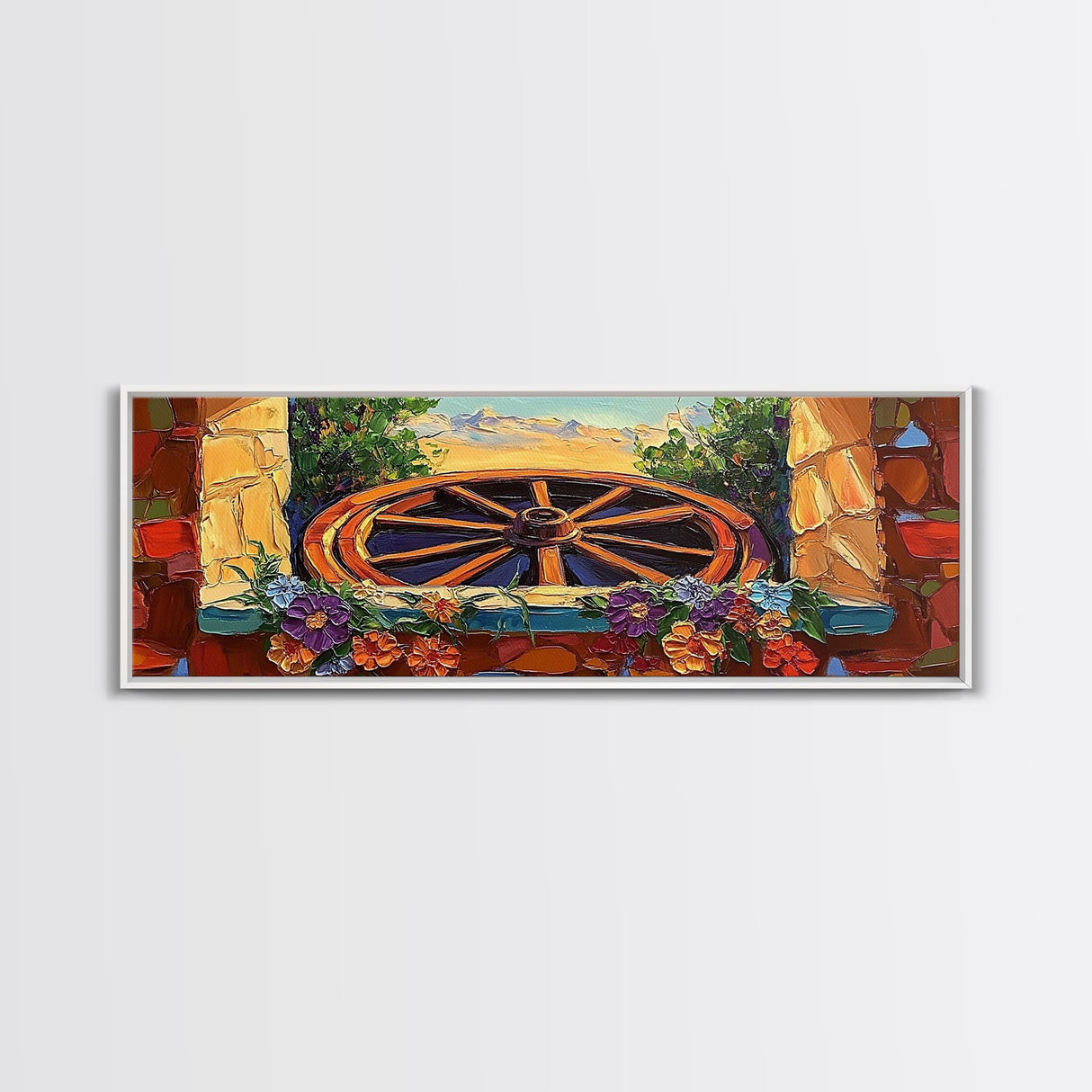 Rustic Wagon Wheel, farmhouse art, southwest wall art, wildflower painting, boho art, extra wide art, framed canvas print, landscape painting