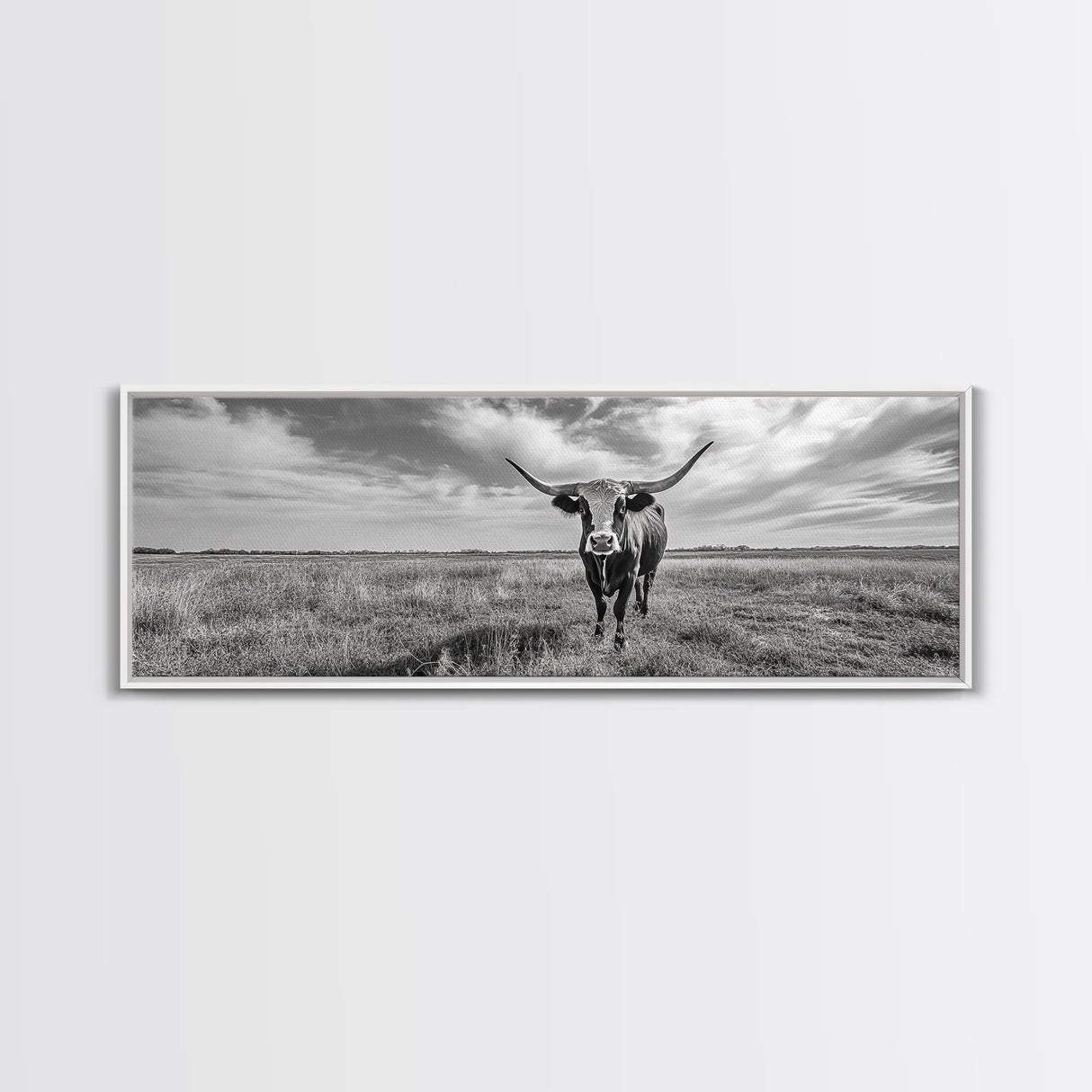 Texas Longhorn, Rustic Wall Art, Canvas Print, Farmhouse Art, Western Decor, Above Bed Art, Extra Wide Art, Moody Black And White Art