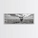 Texas Longhorn, Rustic Wall Art, Canvas Print, Farmhouse Art, Western Decor, Above Bed Art, Extra Wide Art, Moody Black And White Art