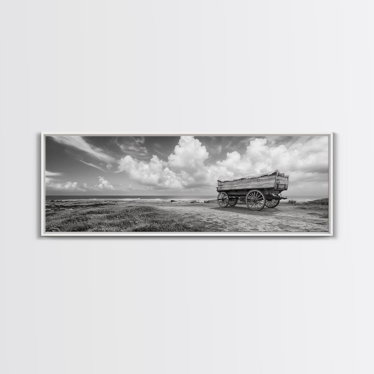 Rustic Wagon, coastal landscape art, extra wide art, panoramic painting, farmhouse art, framed canvas print, nautical wall art