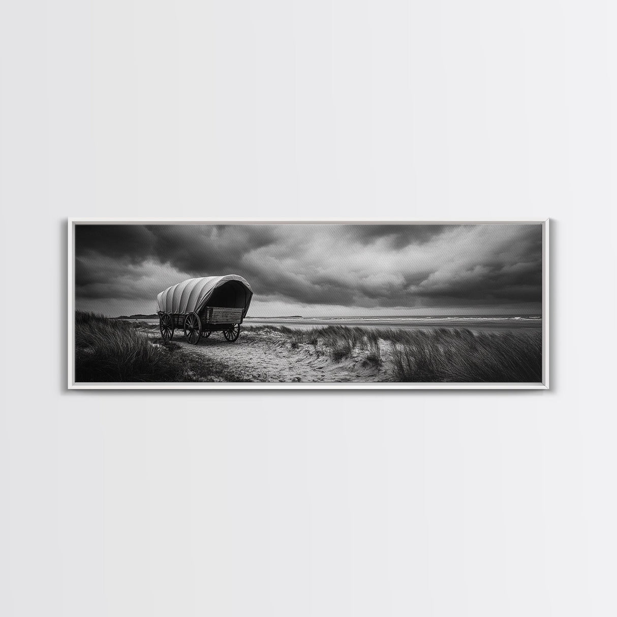 Covered Wagon, coastal cowgirl wall art, rustic decor, farmhouse art, long narrow wall art, framed canvas print, extra wide art