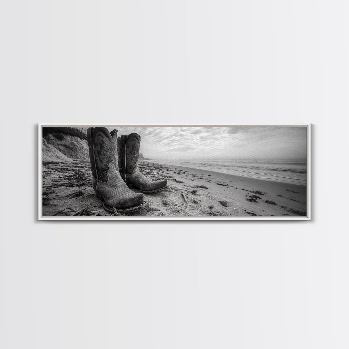 Cowboy Boots, coastal wall art, rustic decor, boho art, wabi sabi art, cowboy painting, framed canvas print, western style decor