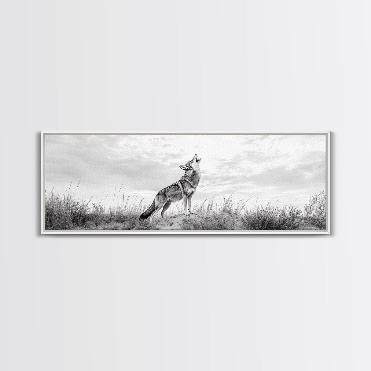 Lone Coyote, southwest wall art, wabi sabi art, extra wide art, moody art, landscape painting, framed canvas print, panoramic art