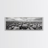 Rocky terrain, minimalist art, wabi sabi art, panoramic art, extra wide art, landscape painting, framed canvas print, moody art, rustic decor
