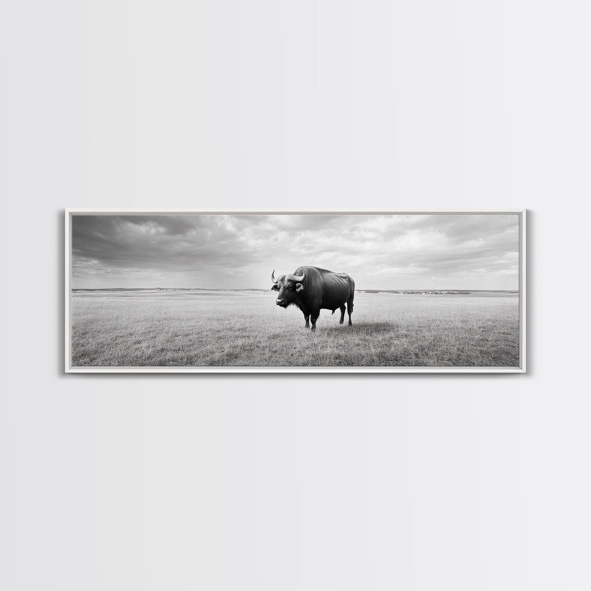 Lone buffalo, western landscape, rustic wall art, panoramic art, extra wide art, farmhouse decor, framed canvas print, wildlife painting, bull and bear art