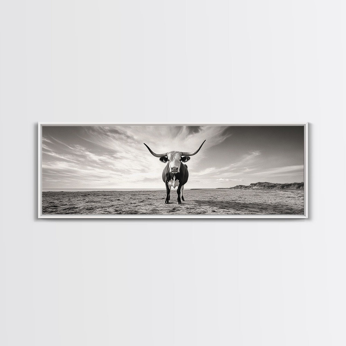 Longhorn, western landscape, bull and bear art, panoramic art, extra wide art, rustic wall art, framed canvas print, farmhouse decor, moody art