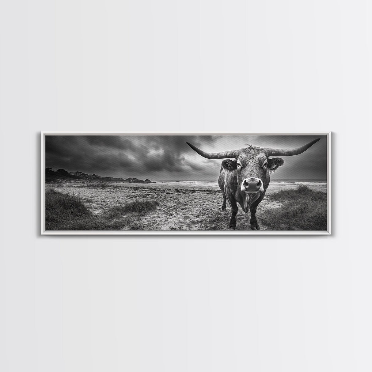Bull on Beach, bull and bear art, moody art, coastal cowgirl wall art, dark romance painting, farmhouse art, framed canvas print