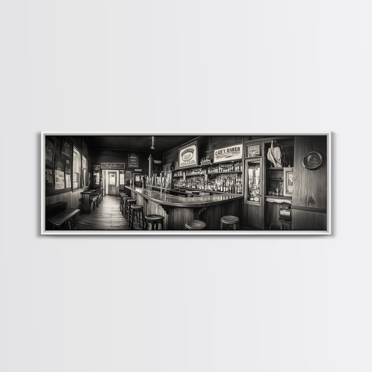 Western Saloon, rustic wall art, extra wide art, panoramic art, farmhouse art, bar decor, moody art, framed canvas print, above sofa art