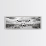 Longhorn Skull, skull art, western wall art, rustic decor, moody art, desert painting, farmhouse art, panoramic art, framed canvas print