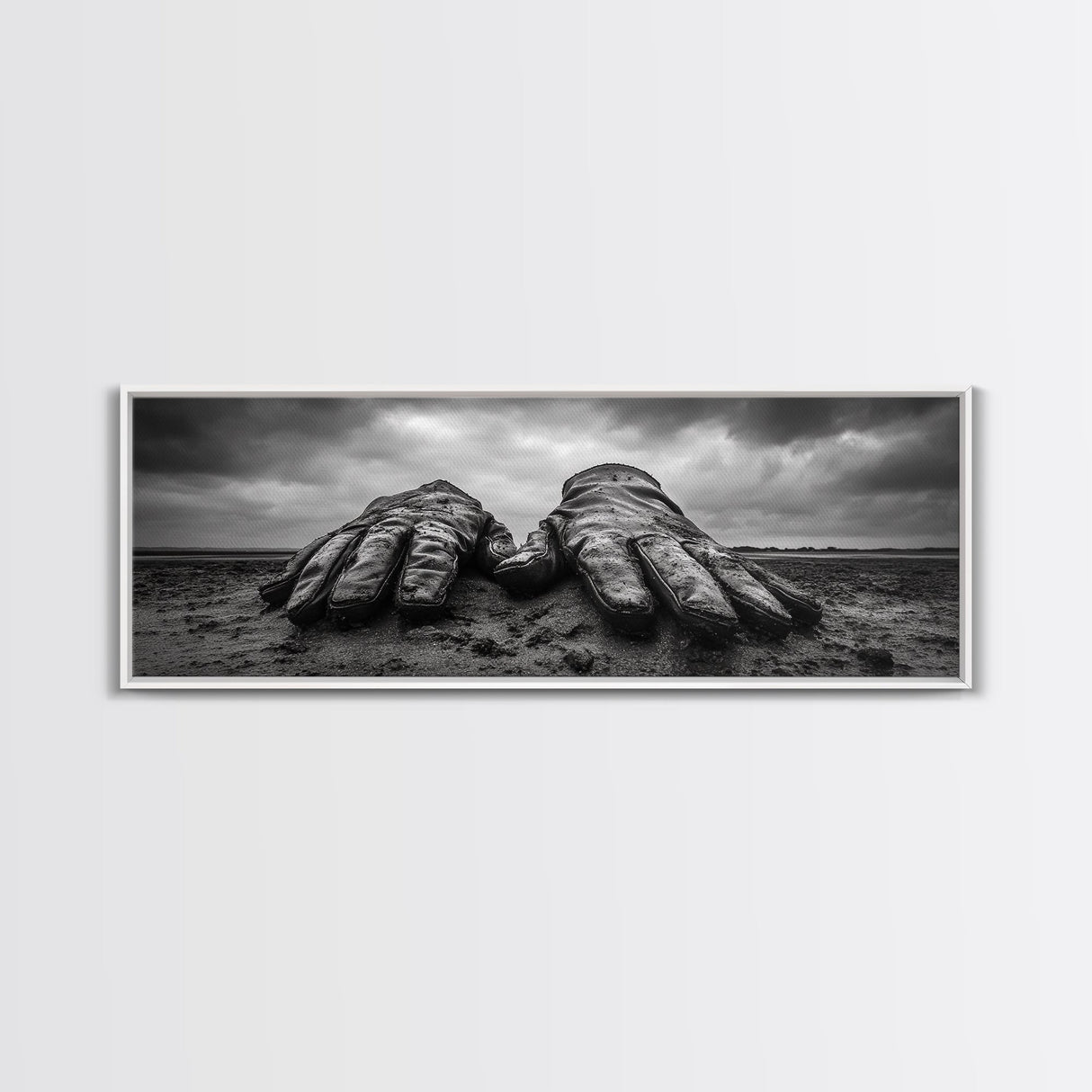 Leather Work Gloves, rustic wall art, moody art, wabi sabi art, extra wide art, panoramic art, farmhouse art, framed canvas print, cowboy art