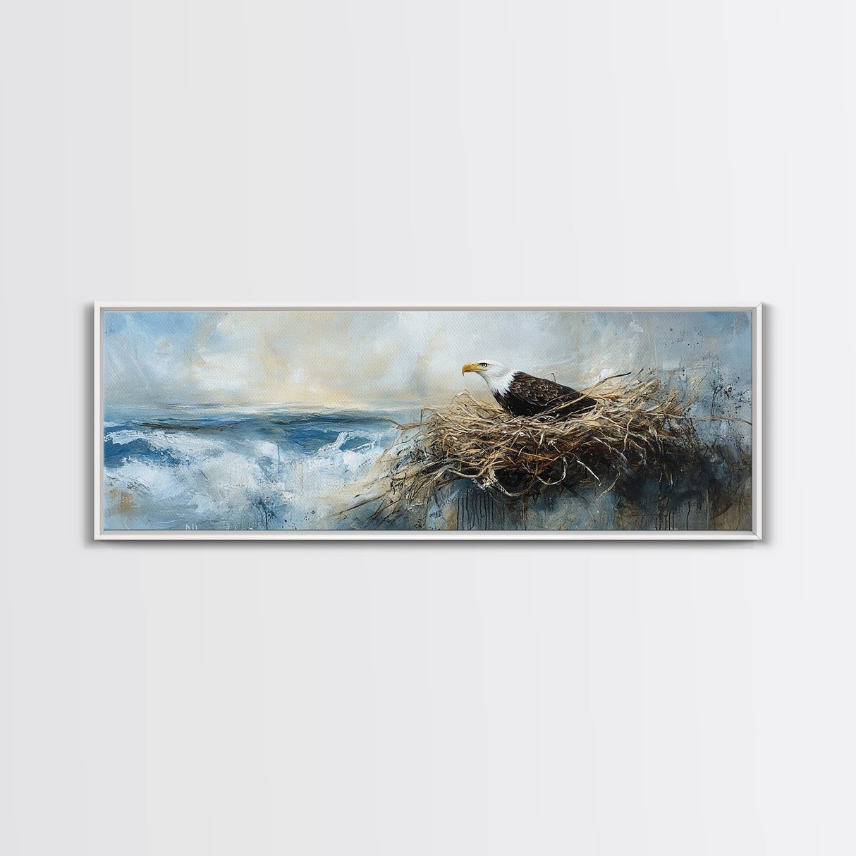 Eagle Nest, bird art, wildlife painting, coastal wall art, seascape painting, moody art, extra wide art, framed canvas print, above sofa art