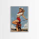 Vintage Cowgirl Pin-Up Art Print, Retro Western Framed Canvas, Classic Pin-Up Girl in Cowboy Hat and Boots, Unique Wall Decor