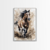 Powerful Horse Galloping - Framed Canvas Print, Dynamic Living Room Art, Energetic Bedroom Decor, Equestrian Art, Wall Art