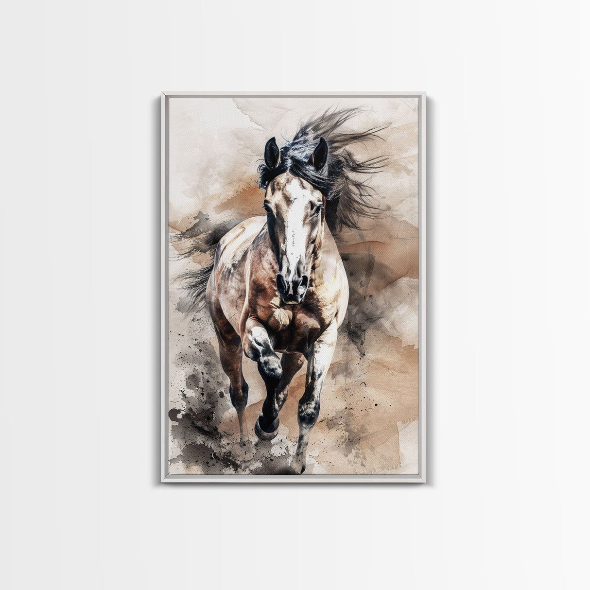 Charging Horse with Dust - Framed Canvas Print, Intense Living Room Art, Bold Bedroom Decor, Equestrian Art, Wall Art