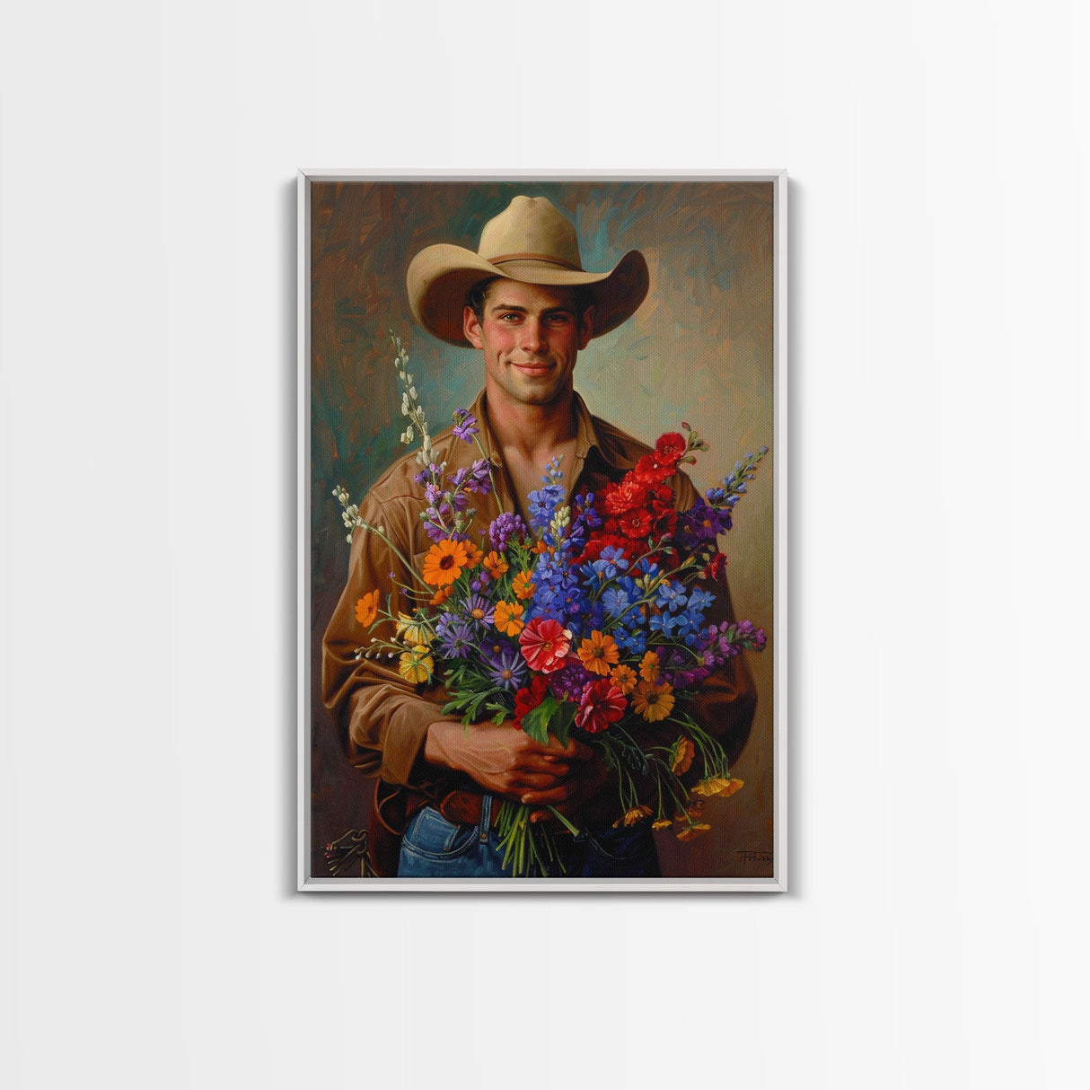 Handsome Cowboy with Wildflowers - Framed Canvas Print, Western Living Room Art, Rustic Bedroom Decor, Cowboy Art, Wall Art