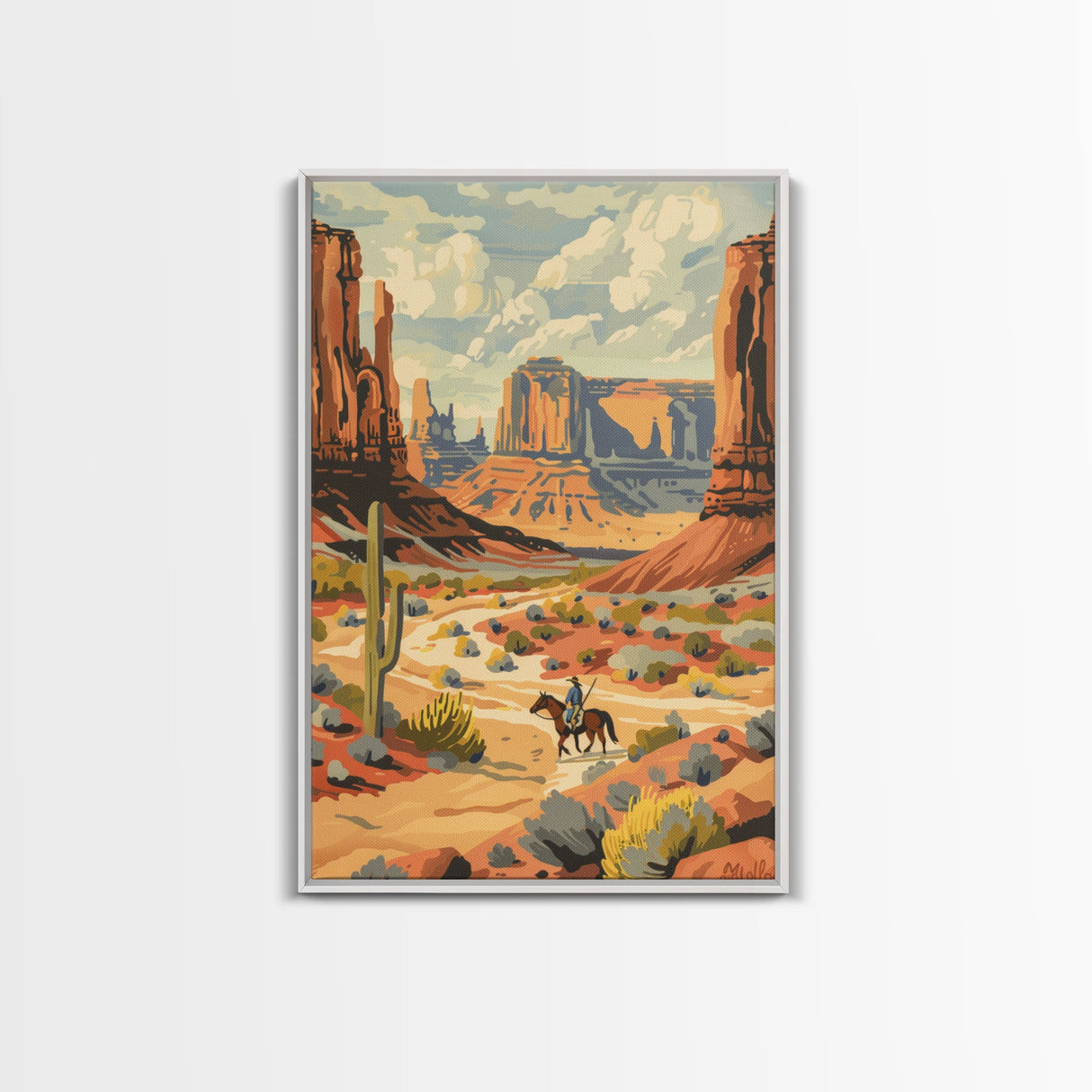 Cowboy in Southwestern Desert Landscape - Framed Canvas Print, Western Wall Art, Desert Scene Art, Cactus Decor for Living Room