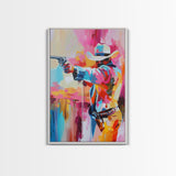 Dynamic Cowboy with Gun - Framed Canvas Print, Action-Packed Western Art, Bold Cowboy Wall Art for Living Room Decor