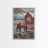 Red Barn and Horse Art Print - Framed Canvas Print, Rustic Living Room Decor, Farmhouse Wall Art, Horse and Barn Home Decoration