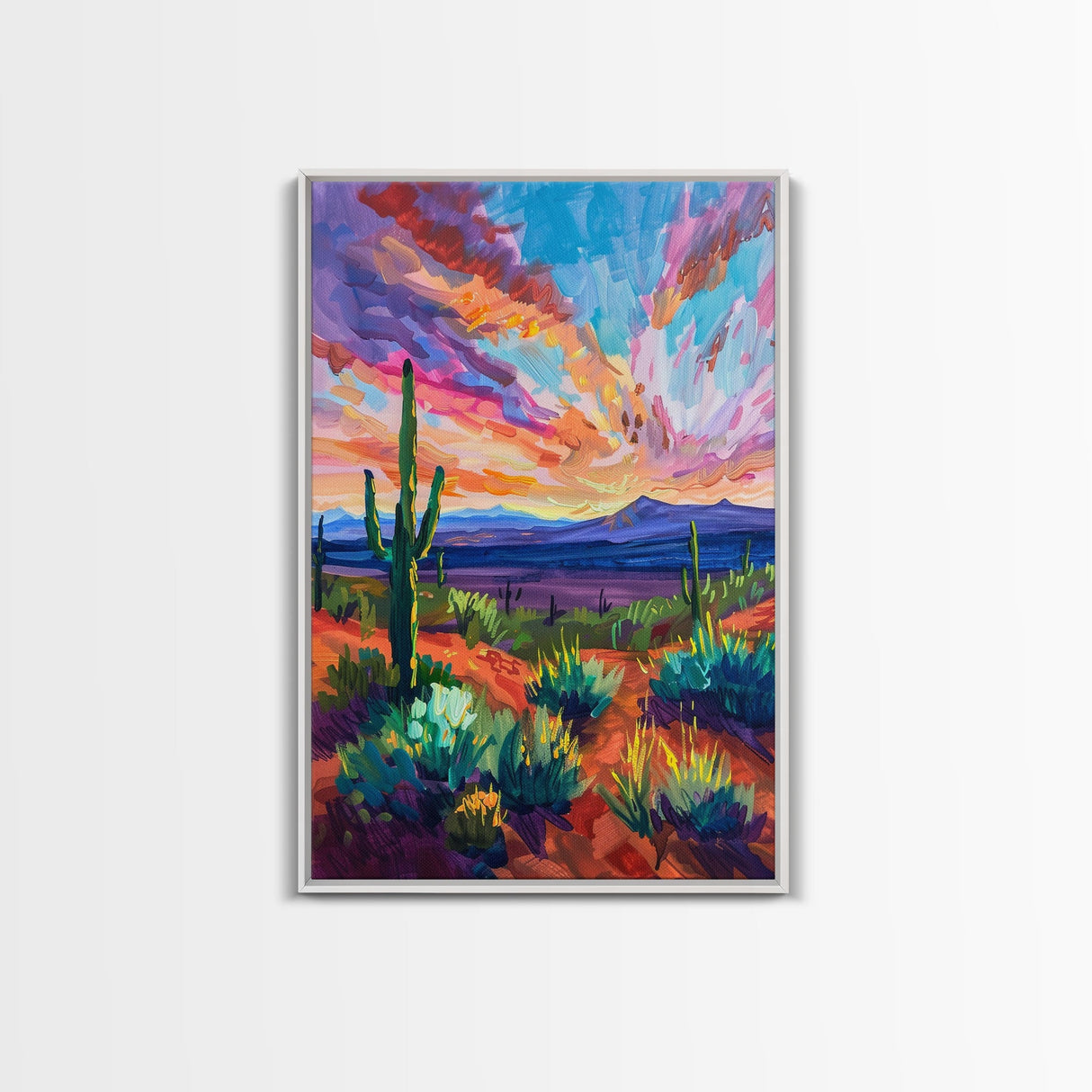 Framed Canvas Print, Cacti and Mountains at Sunset Wall Art, Vibrant Southwest Decor for Living Room or Bedroom, Nature Art Decoration Piece