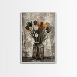 Rustic vase filled with tulips against a distressed background Framed Canvas Print - floral decor, farmhouse wall art, rustic flower print