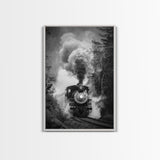 Steam Locomotive in the Forest Black and White Photography - Framed Canvas Print, Railroad Art, Vintage Train Wall Art for Home