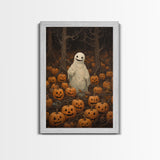 Fall Omens - Spooky Ghost In A Pumpkin Patch, Halloween Decor, Fall Art, Framed Canvas Print, Spooky Halloween Decor