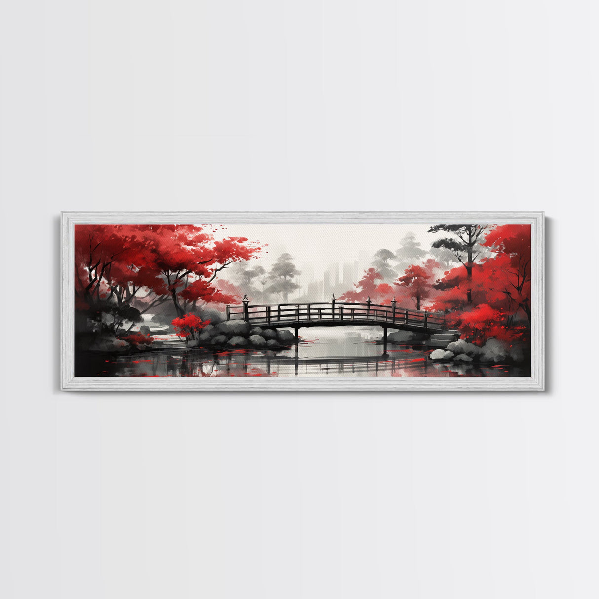 Japanese Hashi Bridge in The Spring, Framed Canvas Print, Japanese Maple Trees Along A Stream, Asian Inspired Art