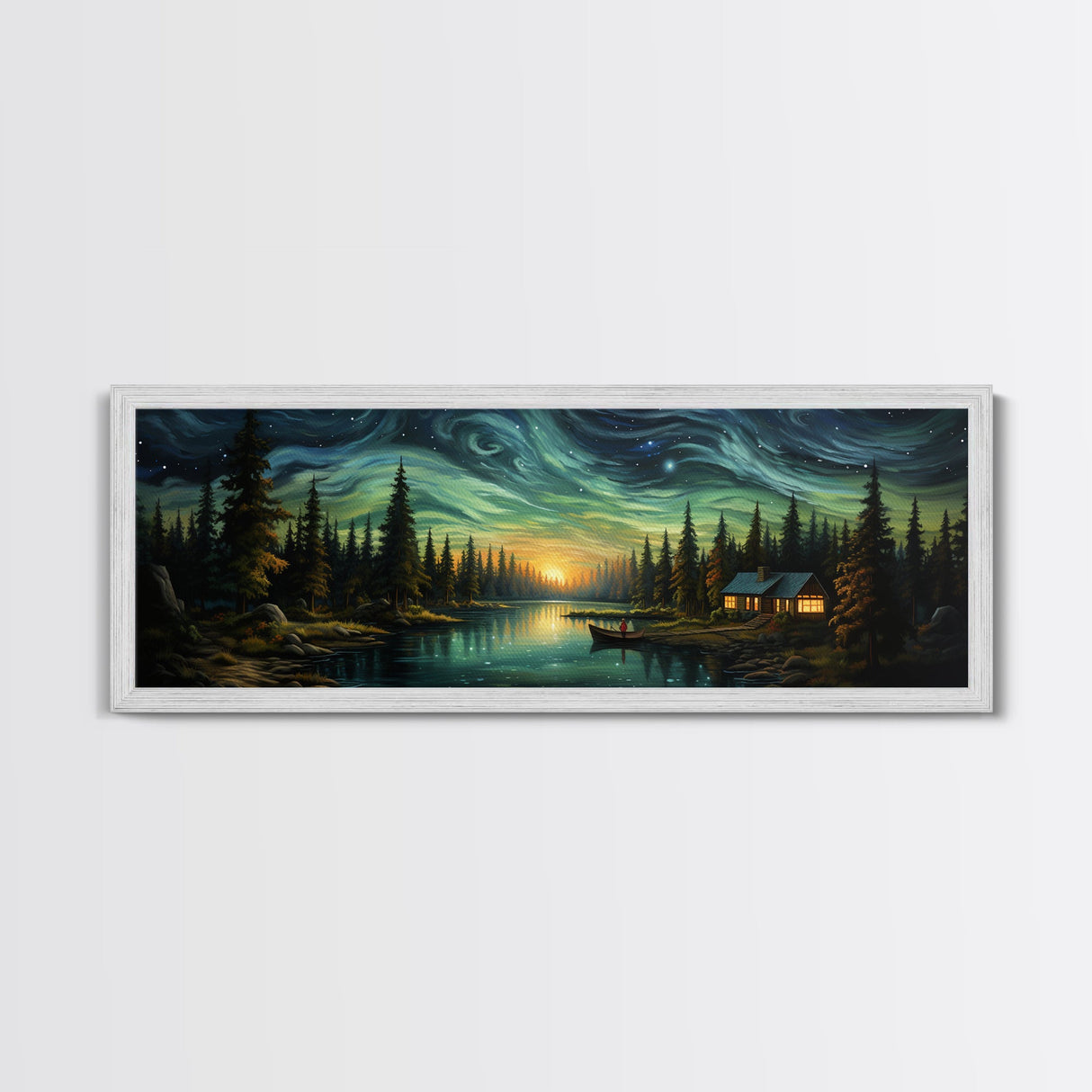 Vah Gogh Inspired Starry Night Farmhouse Painting Framed Canvas Print, Beautiful Minimalist Landscape Painting, Wall Art