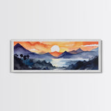 Midcentury Modern Watercolor Painting of a Mountain Sunset, Large Canvas Print, Mountain Artwork, Guest Room Art, Mountain Print, Panoramic