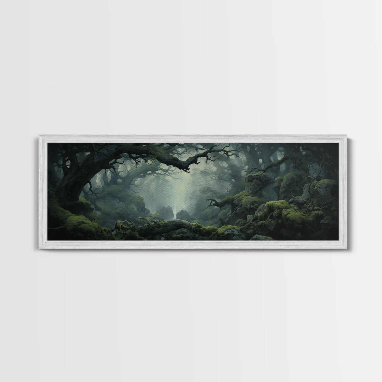 In The Forest - Ready To Hang Panoramic Foggy Pine Forest Canvas Wall Art, Nature Wall Art, Misty Green Forest Print, Modern Home Decor