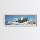 Man Vs. Ocean, Tugboat Crashing On The Rockets, Framed Canvas Print, Nautical Decor, Nautical Centerpiece