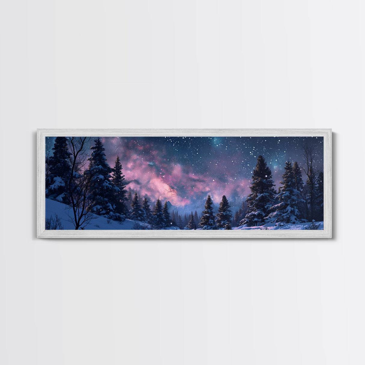 Starry Night Northern Lights, Framed Canvas Print, Beautiful Night Sky Over A Snow Capped Forest, Winter Landscape Painting, Purple Skies