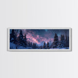 Starry Night Northern Lights, Framed Canvas Print, Beautiful Night Sky Over A Snow Capped Forest, Winter Landscape Painting, Purple Skies