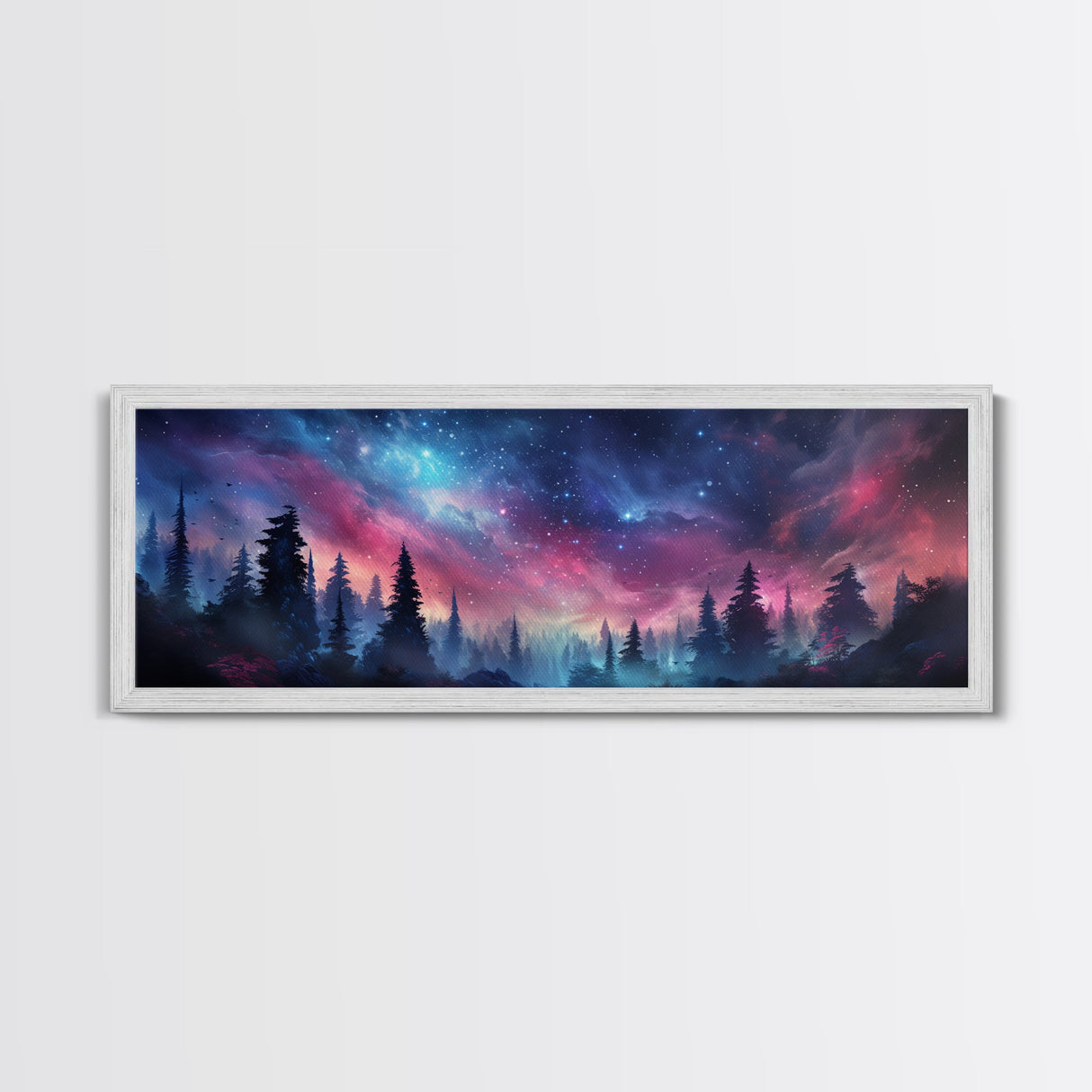 Watercolor Painting Of A Starry Night, Framed Canvas Print, Beautiful Nature Panoramic, Alaska Wilderness Art