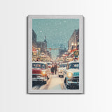 Retro Christmas Parade on Snowy Main Street with Classic Cars and Holiday Decorations, Framed Canvas Print for Christmas Wall Decor