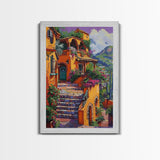 Framed Canvas Print Tall Art Mexican Style Scenic Steps Lined With Colorful Flowers And Architecture