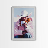 Cowboy with Mug in Snow Framed Canvas Print - Winter Country Scene Art Best 2024 Christmas Wall Decor Gift Idea