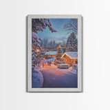 Classic Winter Christmas Neighborhood Framed Canvas Print Tall Art With Lights And Christmas Tree, Holiday Wall Art Home Decor