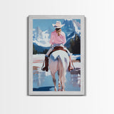 Female Cowboy Riding Through Winter Mountains Framed Canvas Print Christmas Wall Art Winter Wonderland Vintage Christmas Gift Wall Art