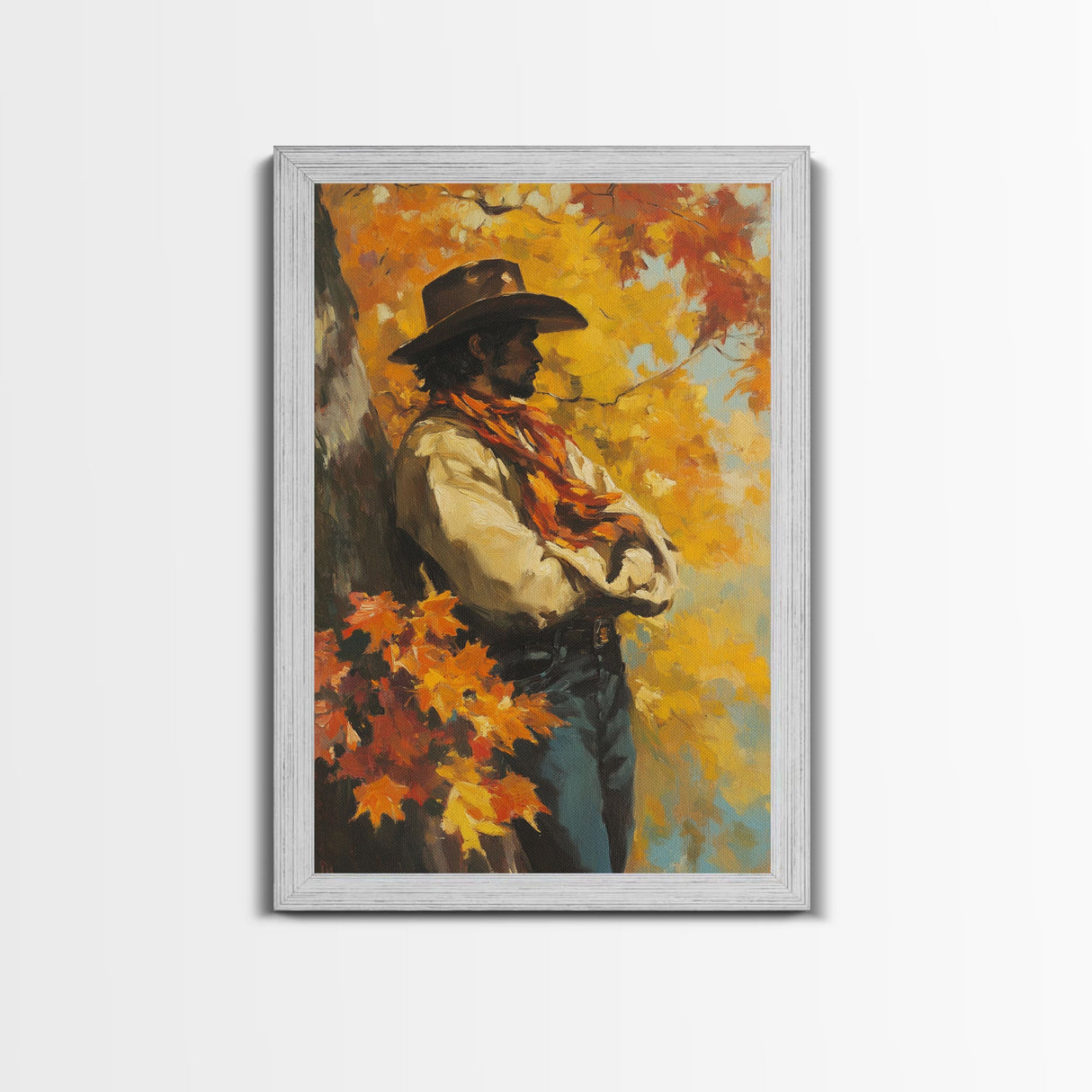 Cowboy Walking in Winter Forest at Sunset Canvas Print, Seasonal Western Wall Art, Rustic Christmas Wall Decor, Vibes, Framed Canvas Print