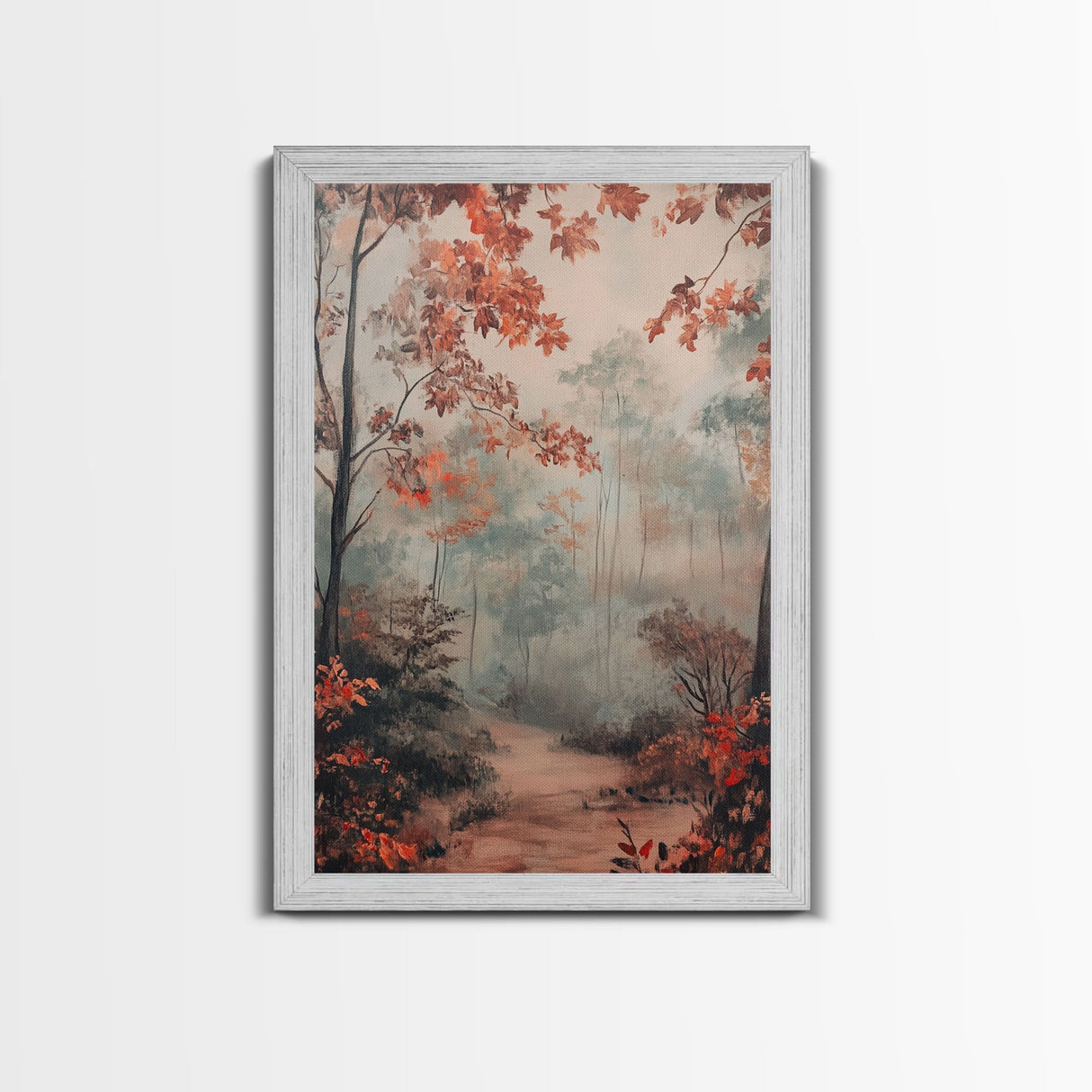 Framed Canvas Print of Autumn Pathway with Red Leaves, Seasonal Wall Art, Best Gift Idea, Modern Farmhouse Fall Decor, Moody Landscape