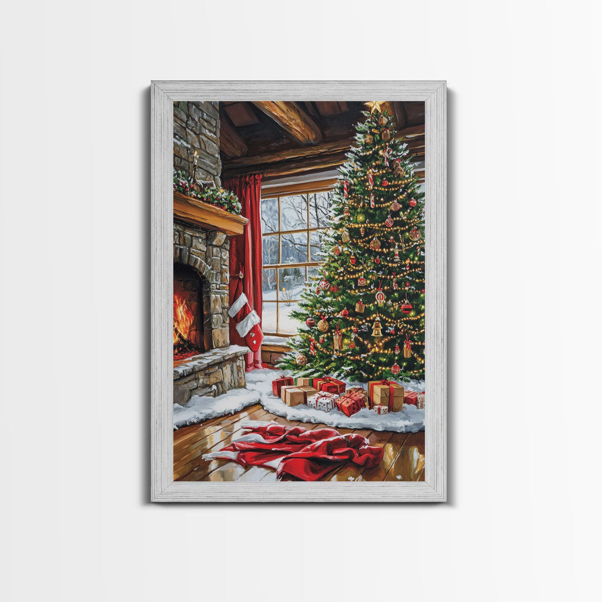 Cozy Cabin Fireplace With Christmas Tree Framed Canvas Print Christmas Wall Art Farmhouse Christmas Decor Holiday Gift Christmas Tree Art
