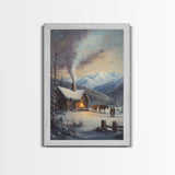 Mountain Cabin In Snow With Horses Framed Canvas Print Wall Art Rustic Winter Decor, Country Christmas Art, Winter Wonderland Scene